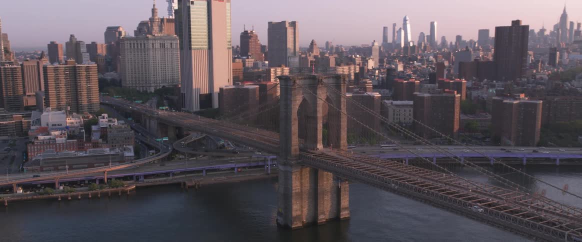 Aerial view of the brooklyn bridge at sunset