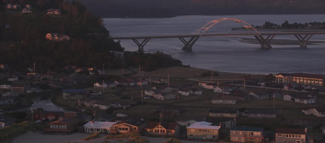 A bridge connects over an ocean near a neighborhood along the coast