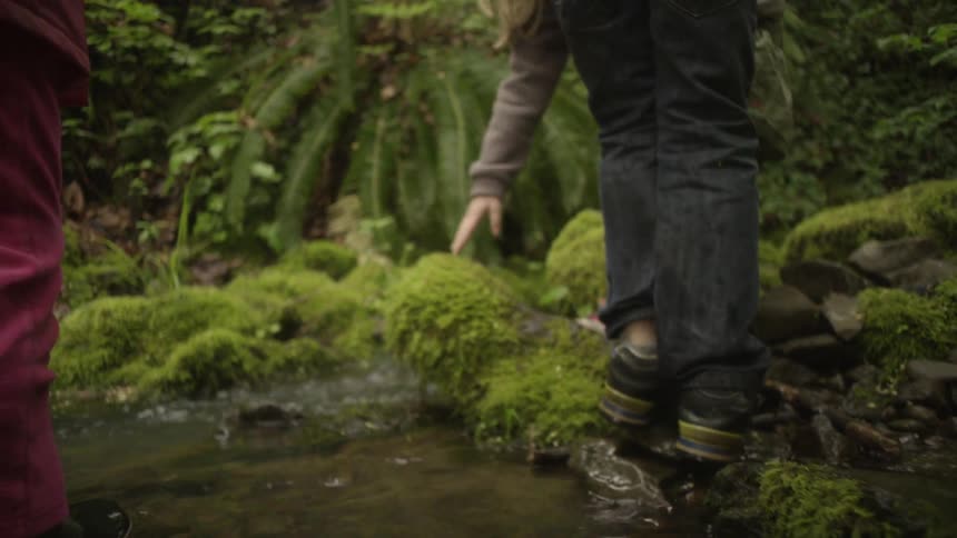 People walk carefully through a creek
