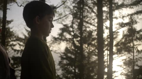 Two boys standing among trees talking and looking out at something