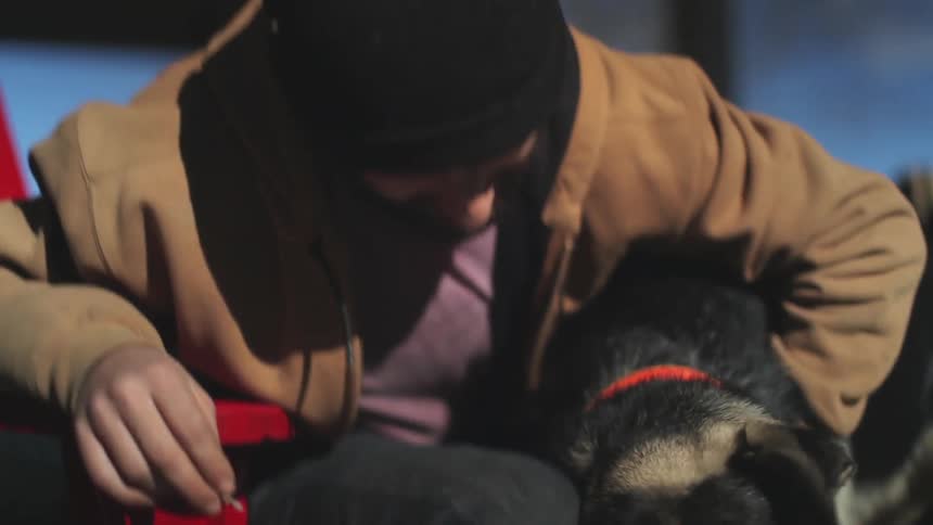 A man pets a dog while it pants