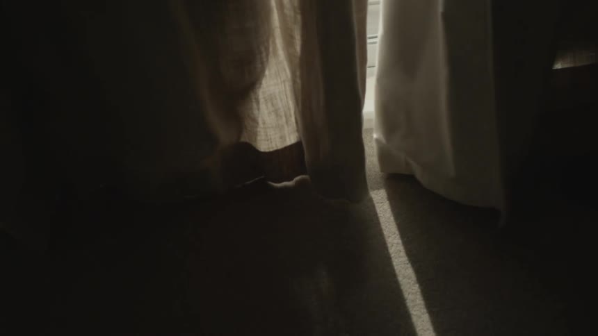 The wind blows window drapes
