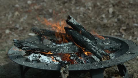 A fire pit with mostly charred logs that are still burning