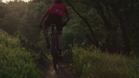 A bicyclist rides down a dirt path