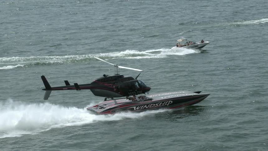 A helicopter floats in the ocean