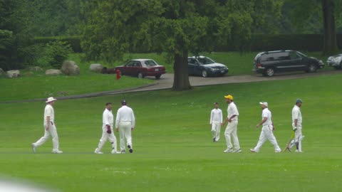 A group of men play cricket in a large park