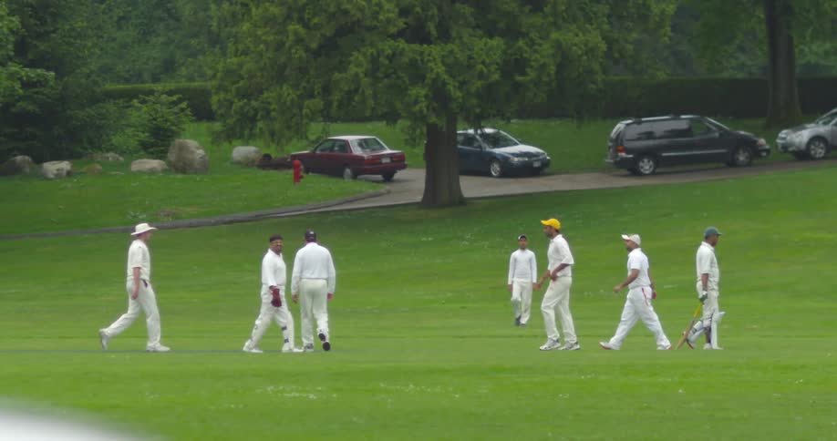 A group of men play cricket in a large park