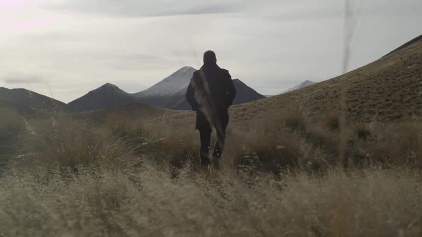 A man walking through  field of dead grasses towards mountains that are off in the distance