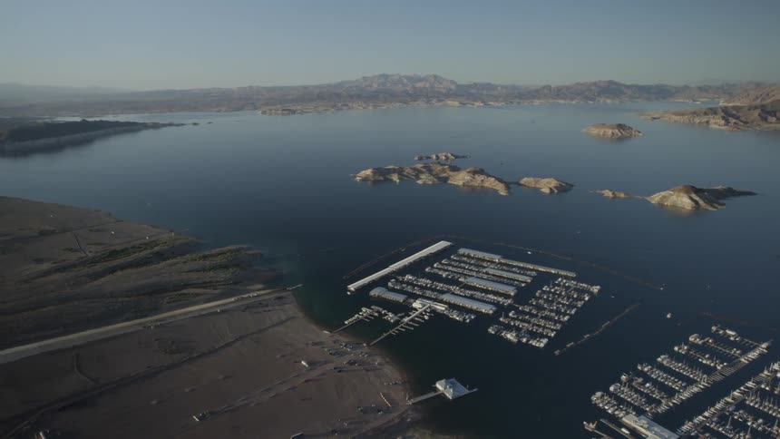 Aerial view of beach and harbor