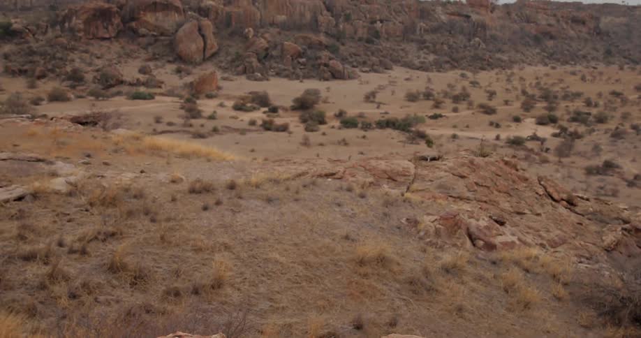 A valley dotted with dead prairie grass and shrubs ringed by a rocky cliff