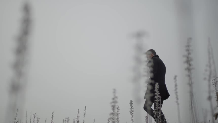 A man in a dark coat walks in a field under gray skies