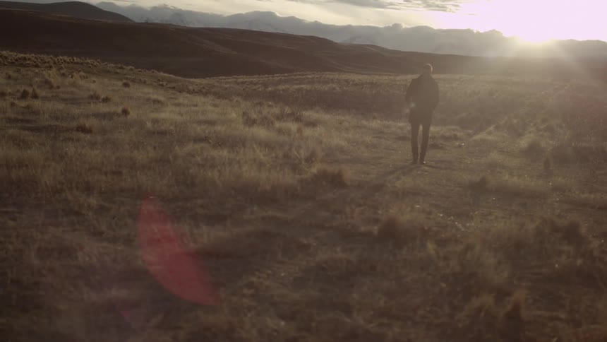 A man walks through a scrubby yellow field