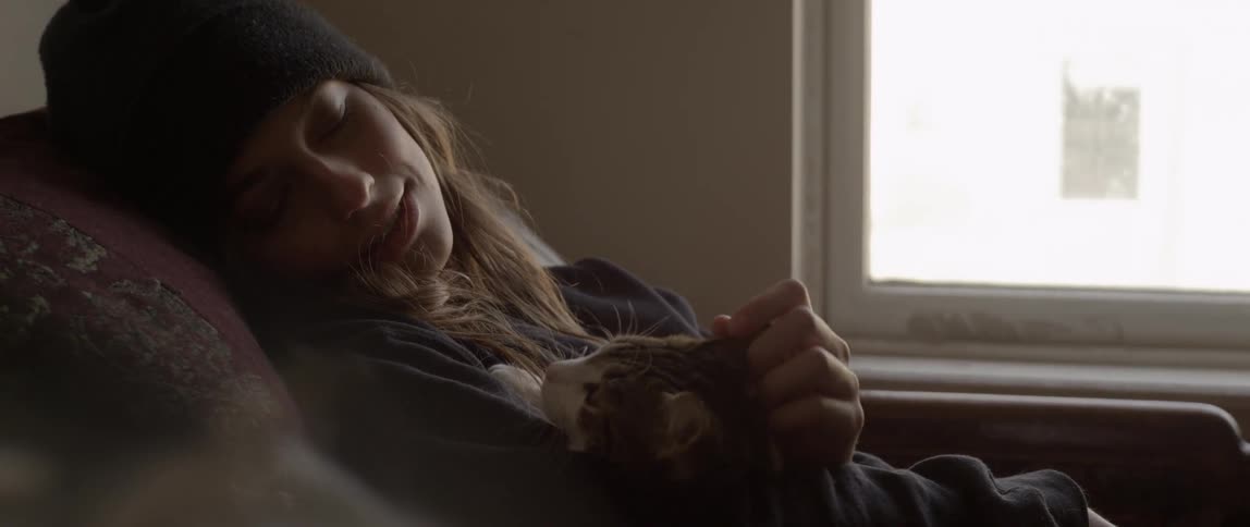 Woman sitting and petting her cat indoors