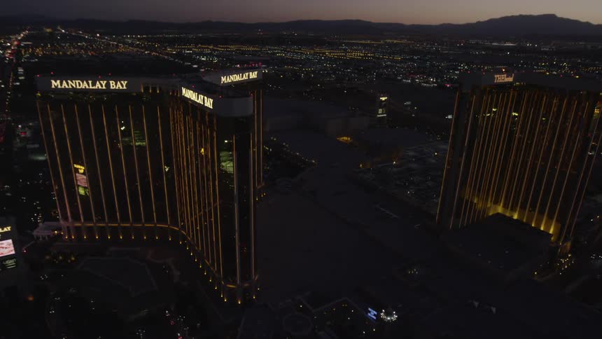 Las vegas skyline shot from a helicopter at dusk