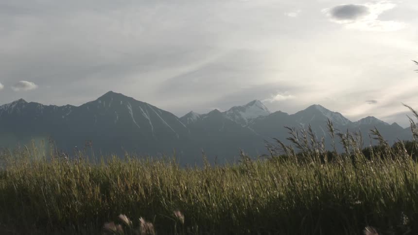 A cloudy day view of a grass along a road with a mountain range in the distance