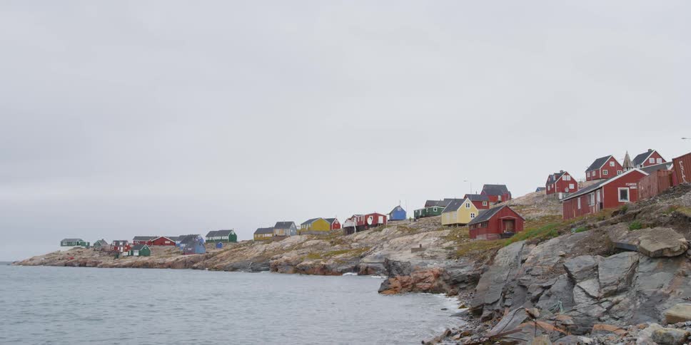 A seaside village on a clear but overcast day