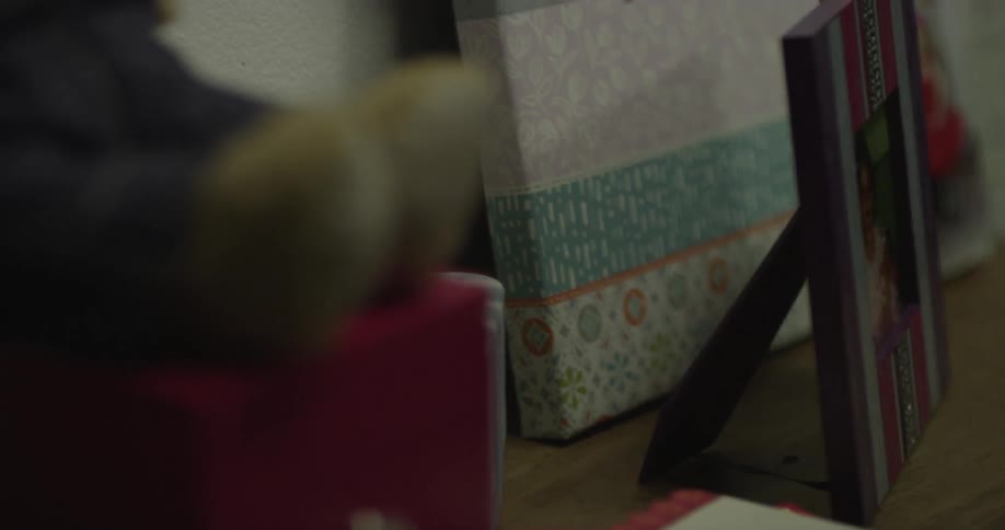 Teddy bear, pictures and things on a dresser