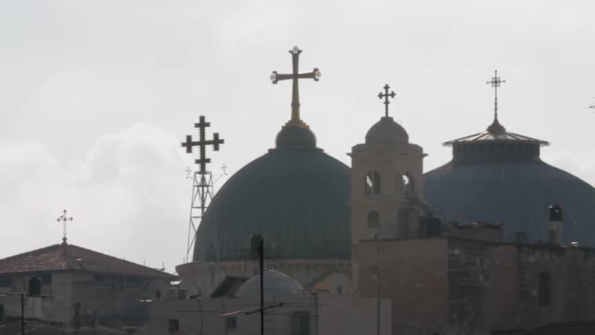 Crosses sit atop various buildings