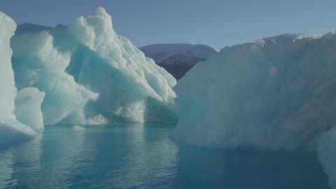 Glaciers and icebergs float in the ocean