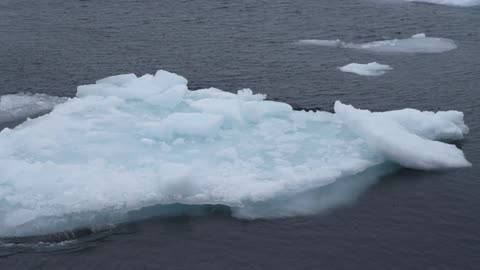 A block of ice floats through a cold ocean