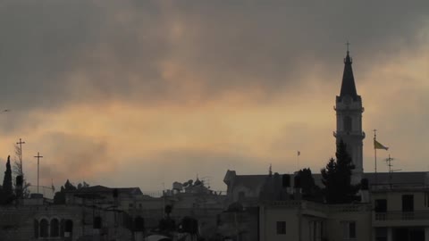Bird fly across an old city on a cloudy day