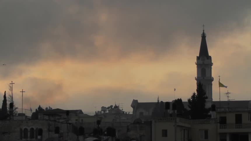 Bird fly across an old city on a cloudy day