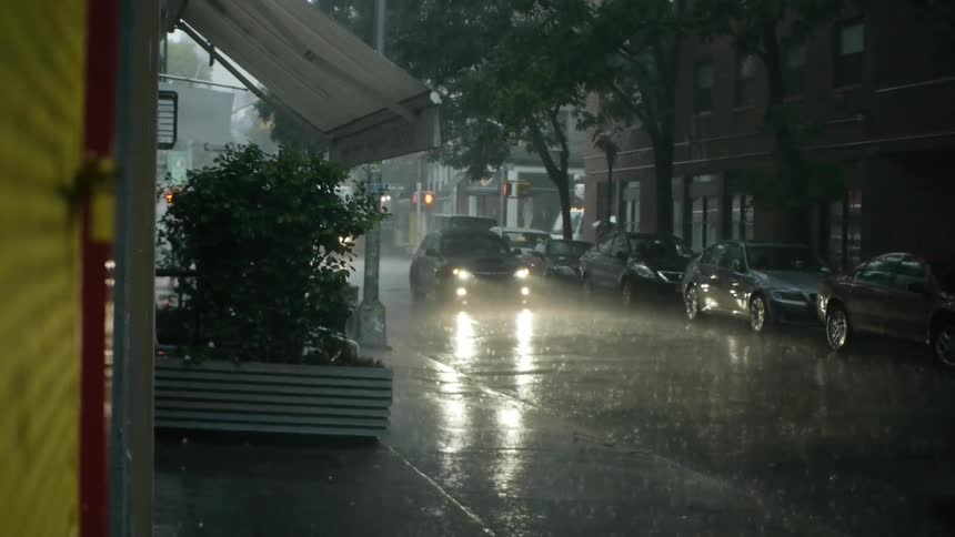 Cars drive down the road on a rainy day as people run by