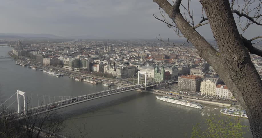 View of a suspension bridge connecting to a city, taken from a mountainside point of view