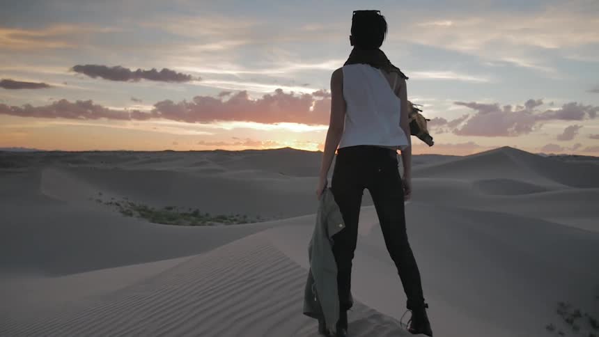 A person stands on a sand dune at dusk