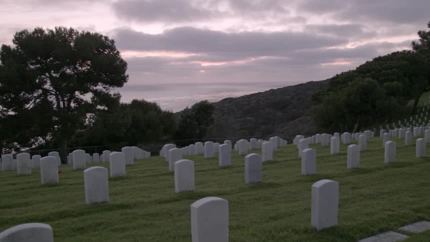 Cemetery with many similar headstones before some hills and a tree on a cloudy day