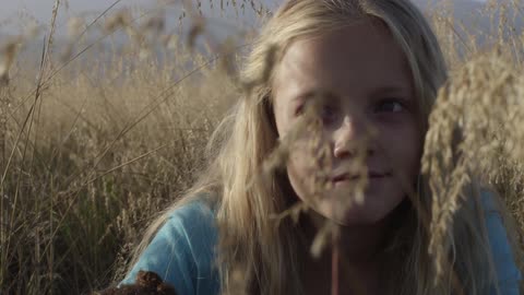 A girl sits in a field