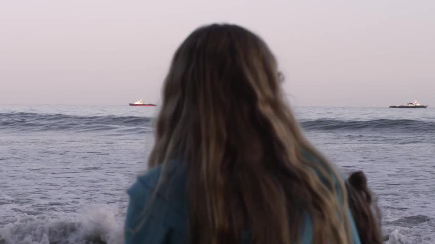 A girl looks towards ships floating on the ocean