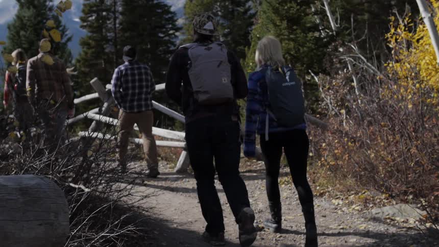 People hiking down a trail on a sunny day