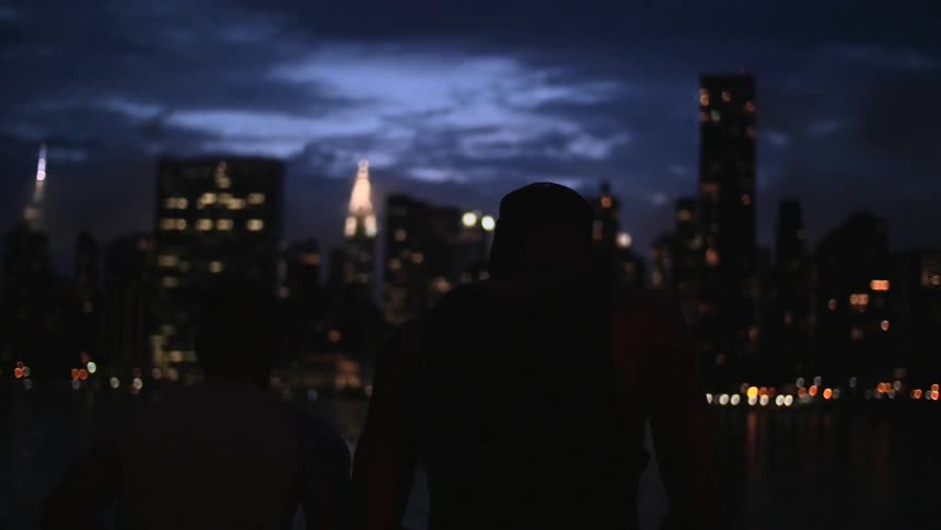 Two men looking at the city skyline at night