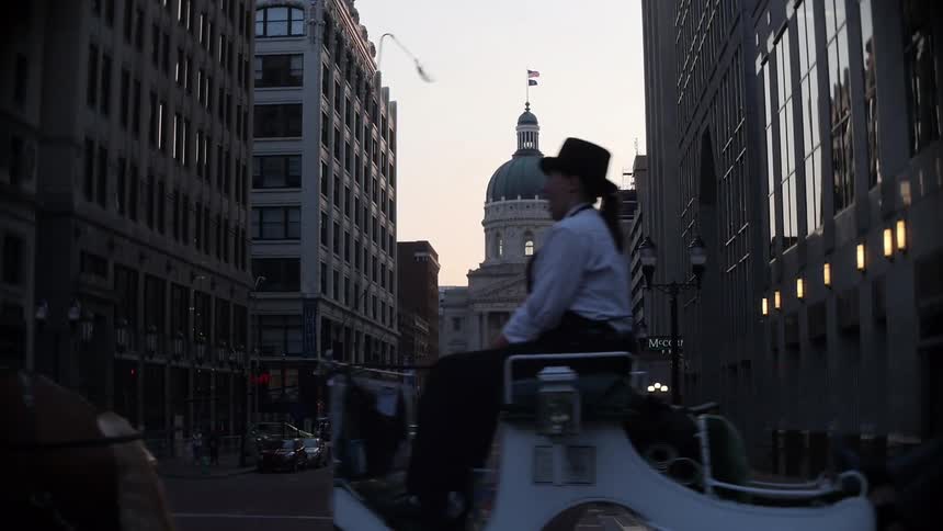 A horse and carriage walk by on a city road