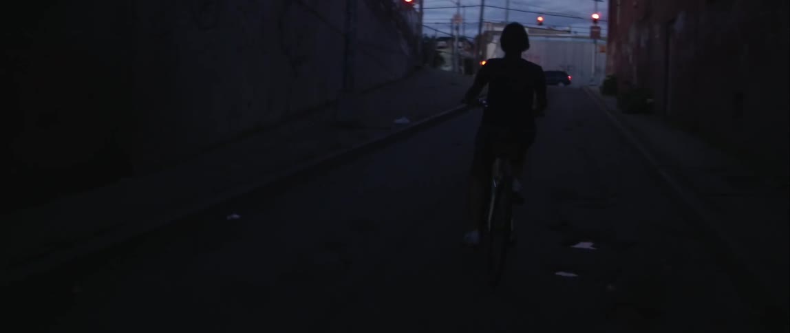 Person riding a bike down a dark street at dusk