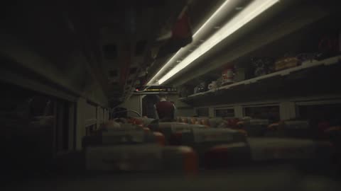 An employee stands in the aisle of a bus