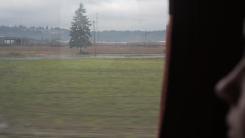 A woman sitting in a vehicle watches out the window on a cloudy day