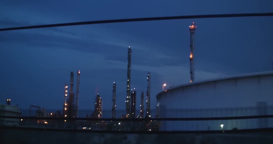 A view of an industrial area at dusk