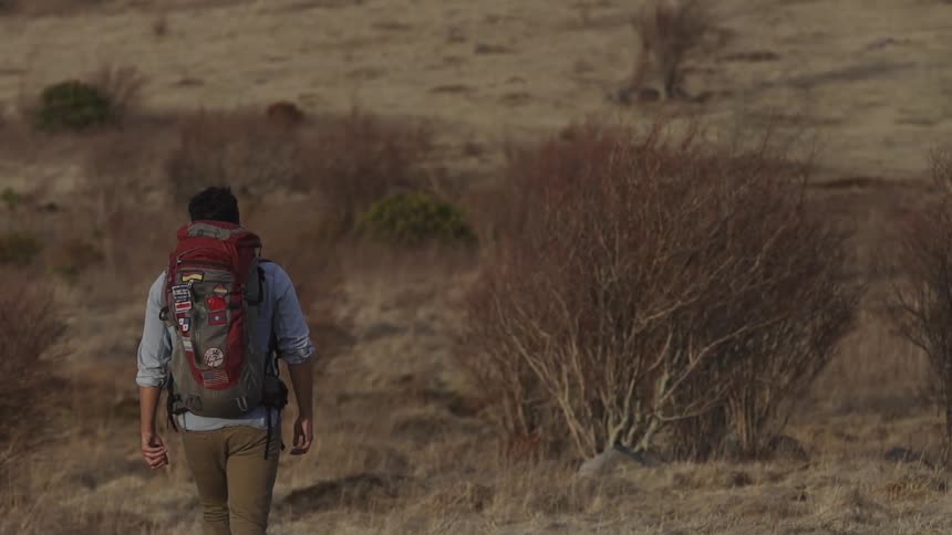 A young man wearing a large backpack and walking through a prairie