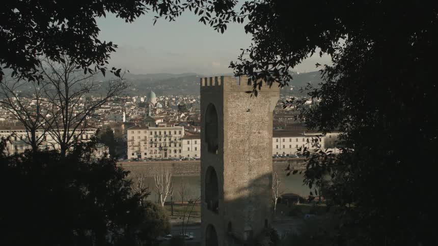 A tower with trees in the foreground and buildings in the background