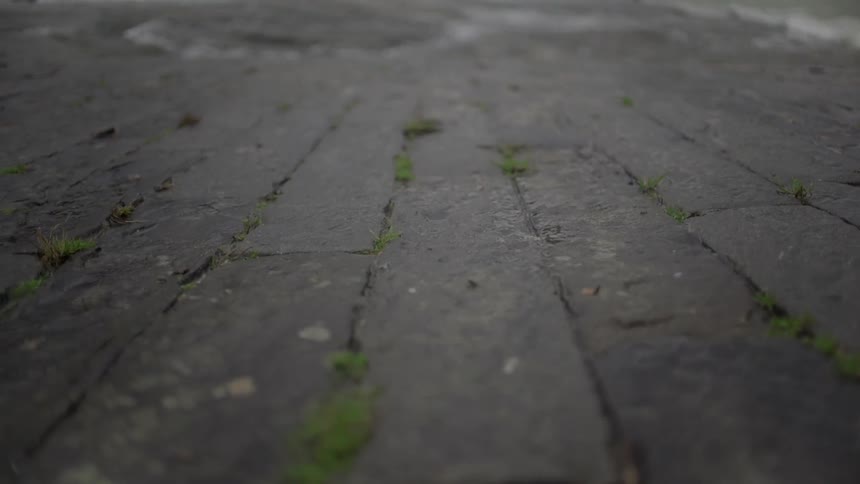 Water passes by a brick walkway