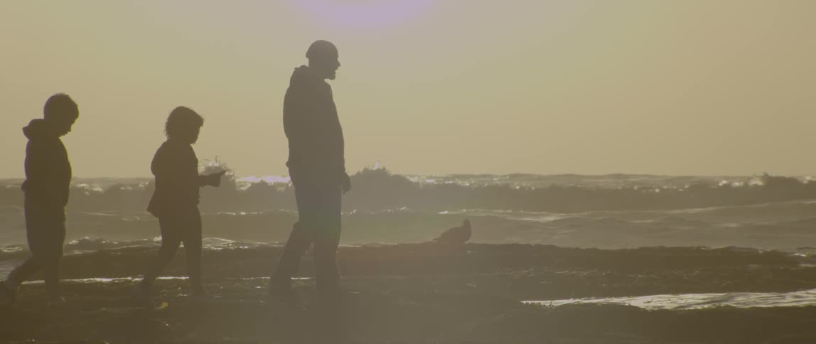 People walking down the beach at sunset