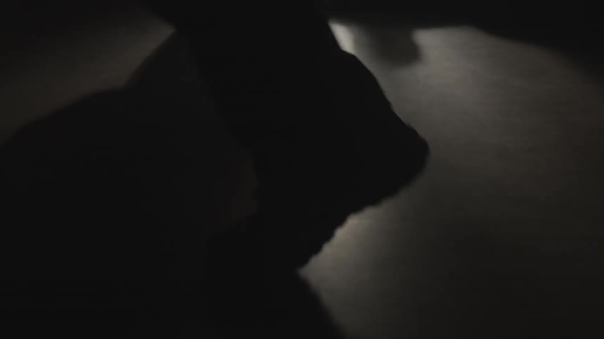 People project shadows on the floor while walking on a dimly lit room