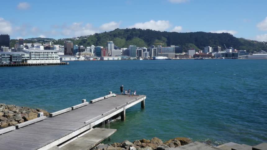 Aerial view of pier in bay of shoreline city