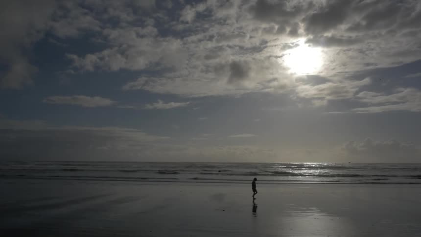 A child plays alone in the sands of a beach