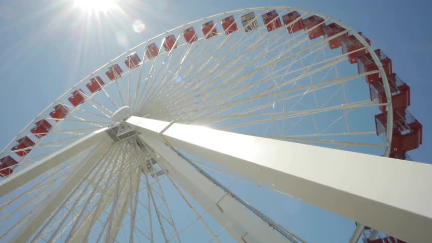 A ferris wheel slowly rotates while the sun shines down