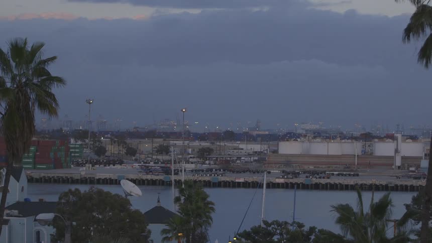 Palm trees, boats and buildings around a body of water during a cloudy sunset