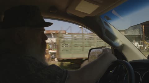 A man with a white beard drives a car