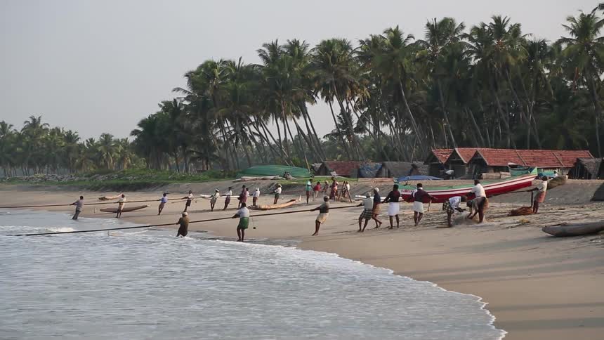 People line up and pull ropes up onto a beach